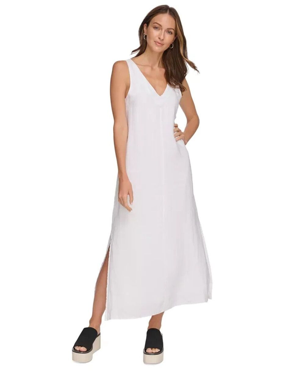 DKNY Breathable Soft Linen A Line Summer Dress Women's Sz S Side Slits Lagenlook